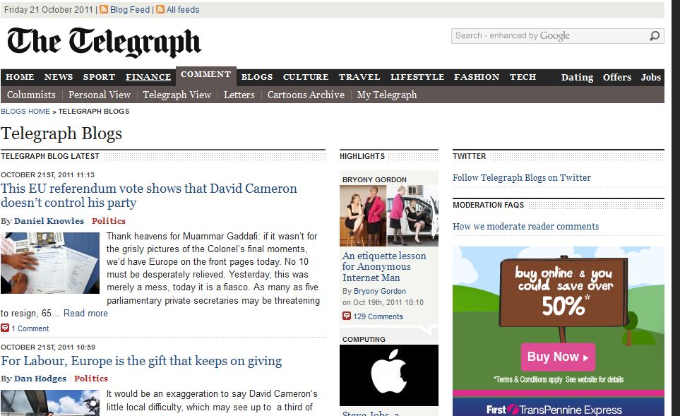 screenshot of telegraph blogs website