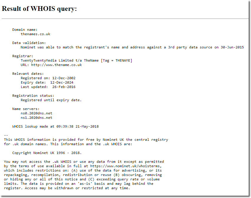 Nominet WHOIS post GDPR